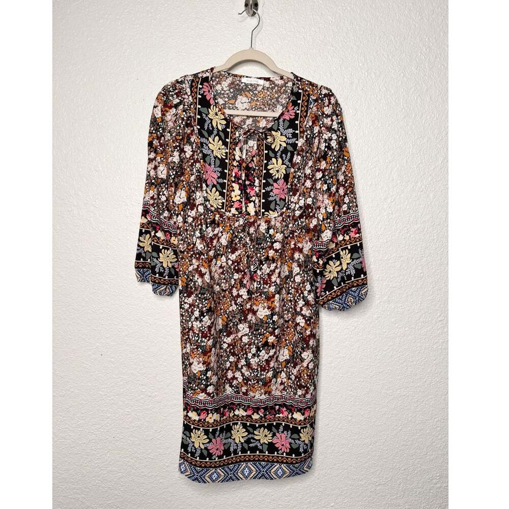 Bluetime Boho Babydoll Knee Length Large Black Floral Dress SZ L